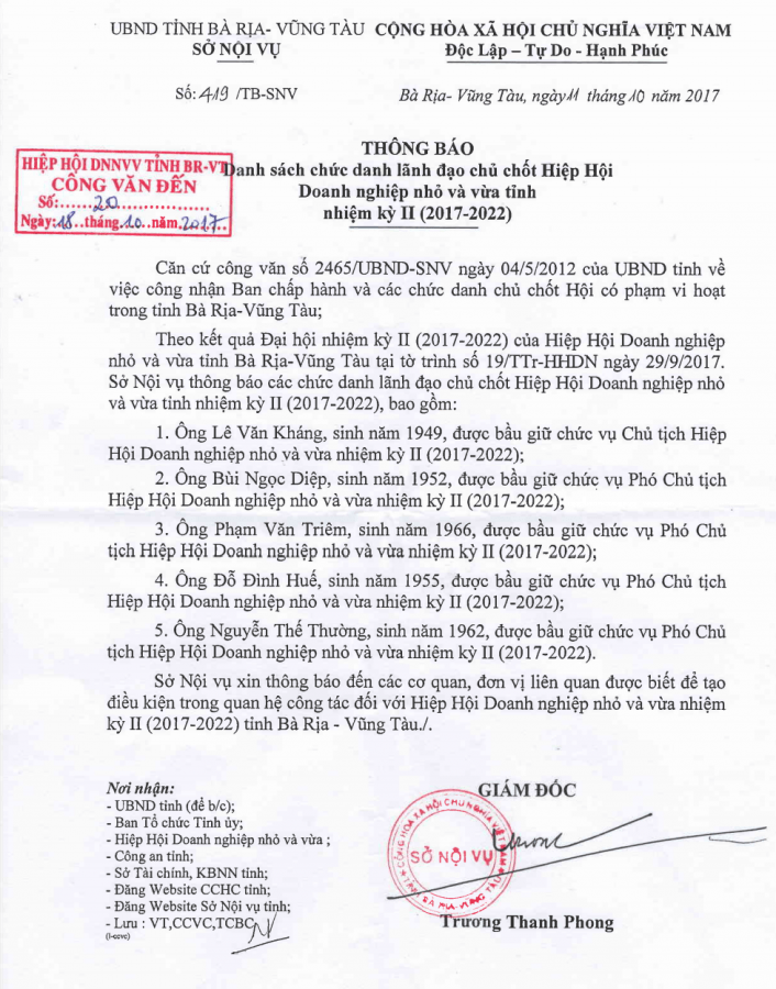 Sở nội vụ Thông báo Danh sách chức danh lãnh đạo chủ chốt Hiệp hội Doanh nghiệp nhỏ và vừa tỉnh nhiệm kỳ II 2017-2022